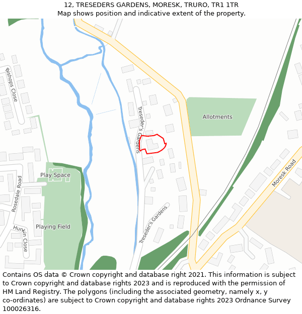 12, TRESEDERS GARDENS, MORESK, TRURO, TR1 1TR: Location map and indicative extent of plot