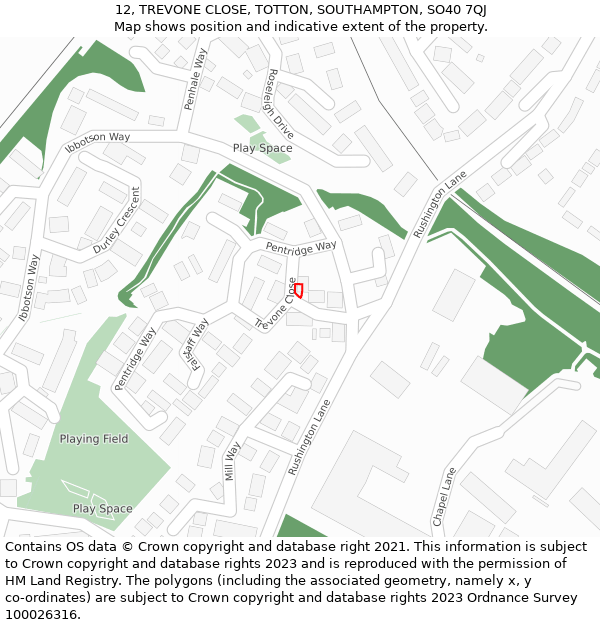 12, TREVONE CLOSE, TOTTON, SOUTHAMPTON, SO40 7QJ: Location map and indicative extent of plot