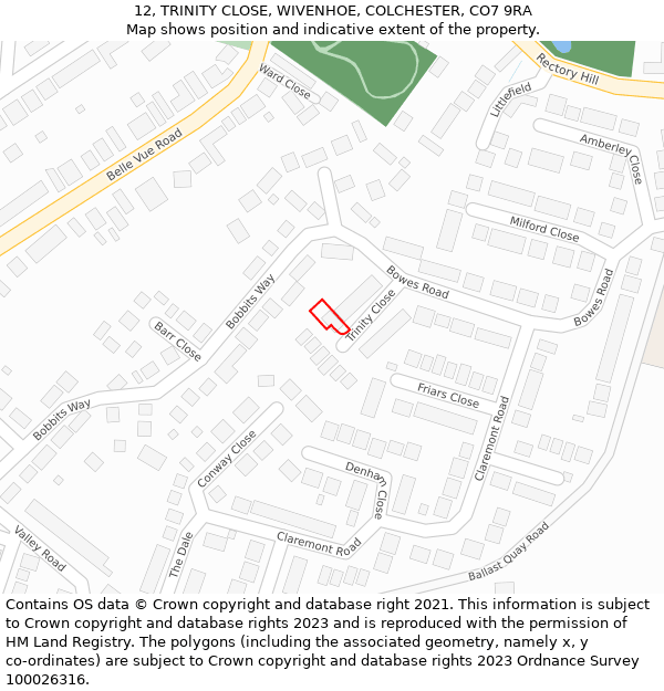 12, TRINITY CLOSE, WIVENHOE, COLCHESTER, CO7 9RA: Location map and indicative extent of plot