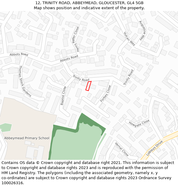 12, TRINITY ROAD, ABBEYMEAD, GLOUCESTER, GL4 5GB: Location map and indicative extent of plot