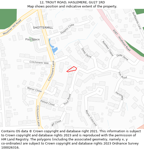12, TROUT ROAD, HASLEMERE, GU27 1RD: Location map and indicative extent of plot