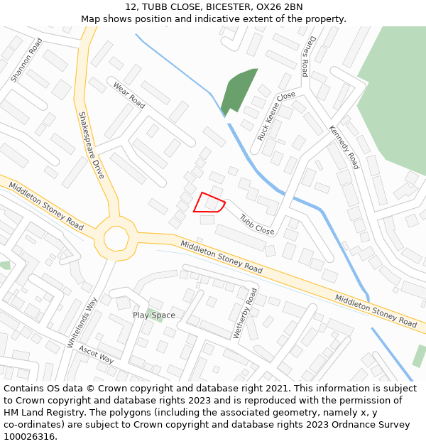 12, TUBB CLOSE, BICESTER, OX26 2BN: Location map and indicative extent of plot