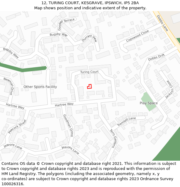 12, TURING COURT, KESGRAVE, IPSWICH, IP5 2BA: Location map and indicative extent of plot