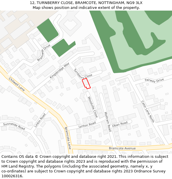 12, TURNBERRY CLOSE, BRAMCOTE, NOTTINGHAM, NG9 3LX: Location map and indicative extent of plot