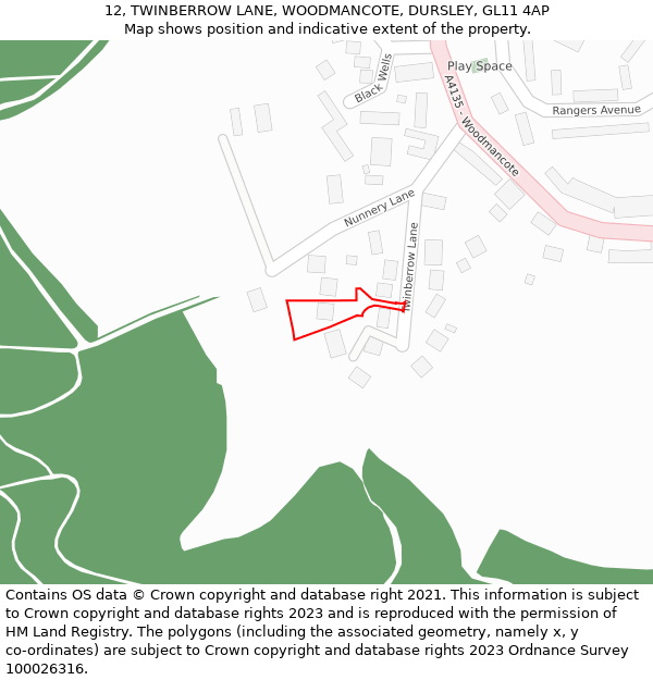 12, TWINBERROW LANE, WOODMANCOTE, DURSLEY, GL11 4AP: Location map and indicative extent of plot