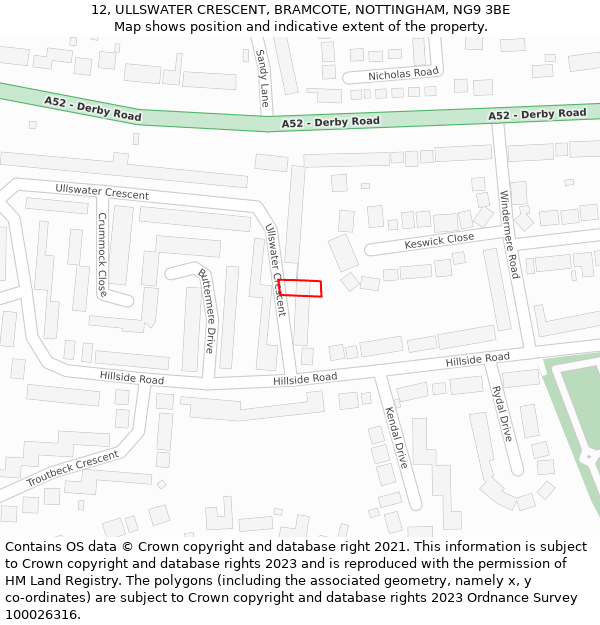 12, ULLSWATER CRESCENT, BRAMCOTE, NOTTINGHAM, NG9 3BE: Location map and indicative extent of plot