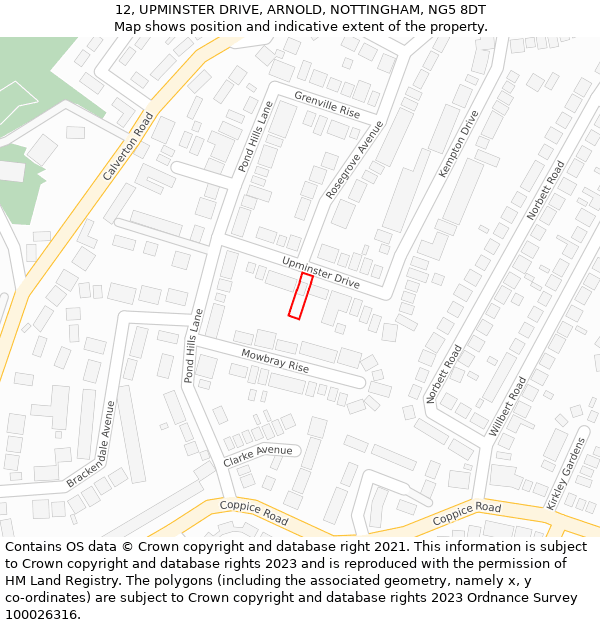 12, UPMINSTER DRIVE, ARNOLD, NOTTINGHAM, NG5 8DT: Location map and indicative extent of plot