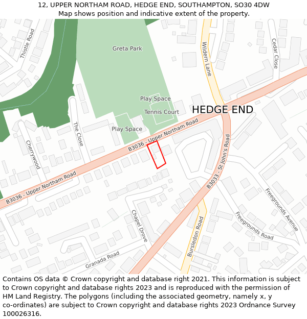 12, UPPER NORTHAM ROAD, HEDGE END, SOUTHAMPTON, SO30 4DW: Location map and indicative extent of plot