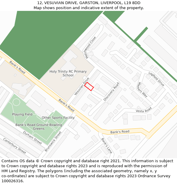 12, VESUVIAN DRIVE, GARSTON, LIVERPOOL, L19 8DD: Location map and indicative extent of plot