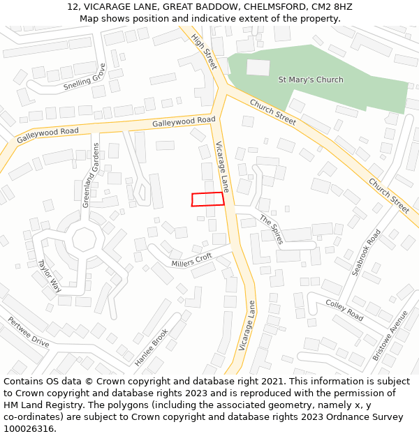 12, VICARAGE LANE, GREAT BADDOW, CHELMSFORD, CM2 8HZ: Location map and indicative extent of plot