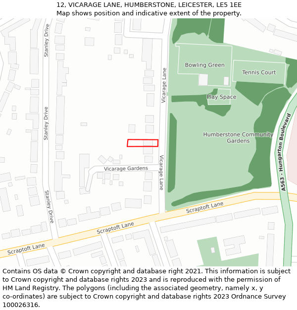 12, VICARAGE LANE, HUMBERSTONE, LEICESTER, LE5 1EE: Location map and indicative extent of plot