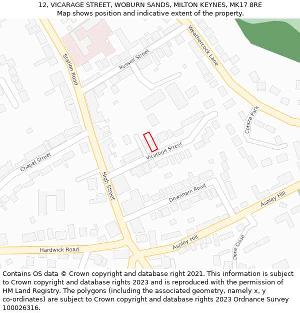 12, VICARAGE STREET, WOBURN SANDS, MILTON KEYNES, MK17 8RE: Location map and indicative extent of plot