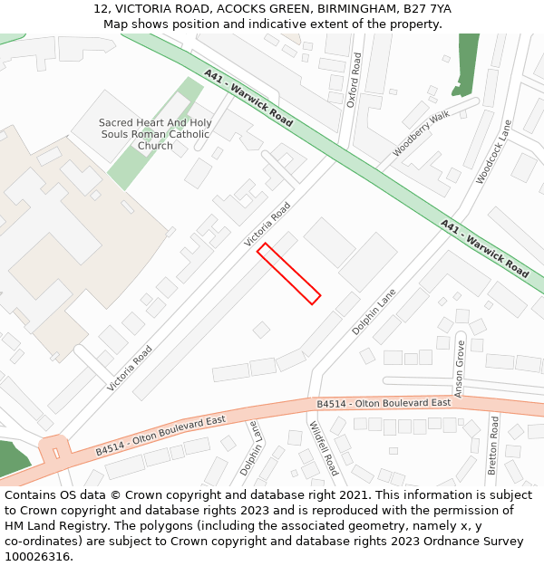 12, VICTORIA ROAD, ACOCKS GREEN, BIRMINGHAM, B27 7YA: Location map and indicative extent of plot