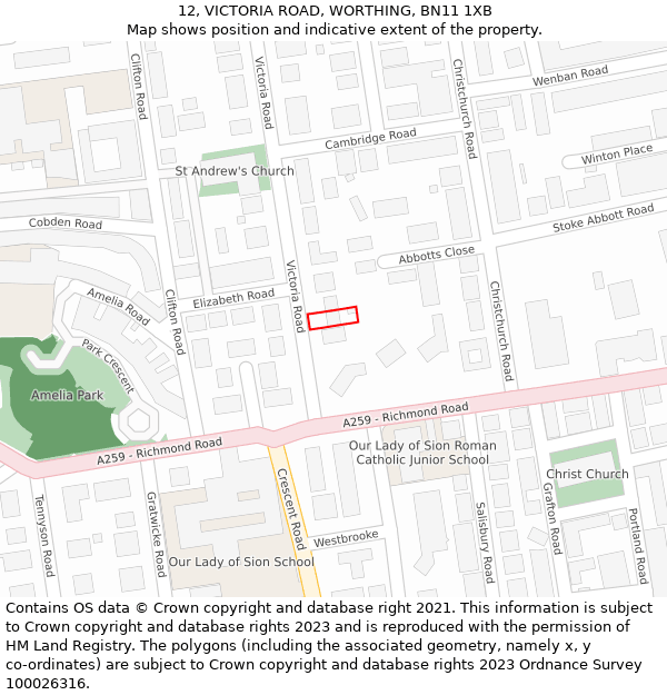 12, VICTORIA ROAD, WORTHING, BN11 1XB: Location map and indicative extent of plot