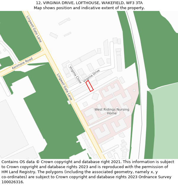 12, VIRGINIA DRIVE, LOFTHOUSE, WAKEFIELD, WF3 3TA: Location map and indicative extent of plot