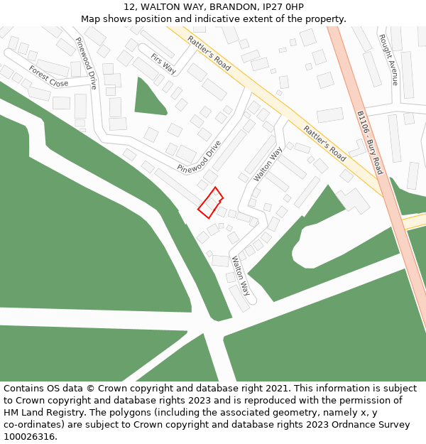 12, WALTON WAY, BRANDON, IP27 0HP: Location map and indicative extent of plot