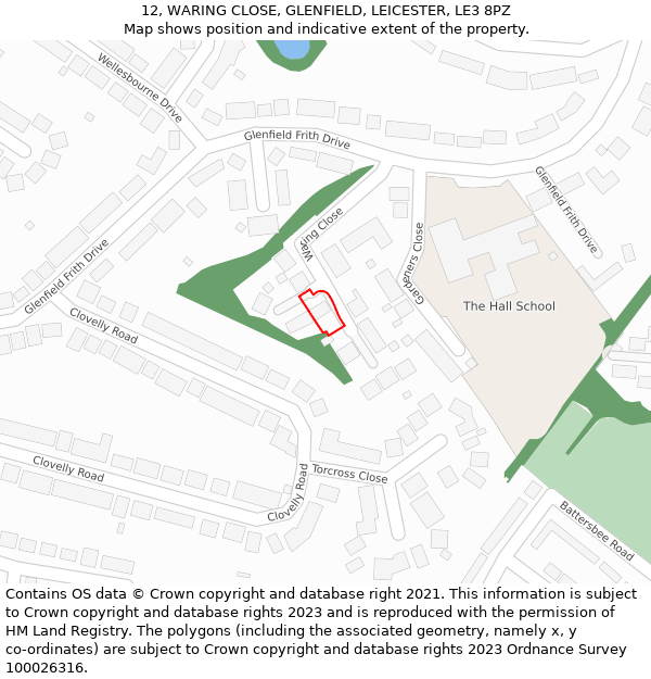 12, WARING CLOSE, GLENFIELD, LEICESTER, LE3 8PZ: Location map and indicative extent of plot