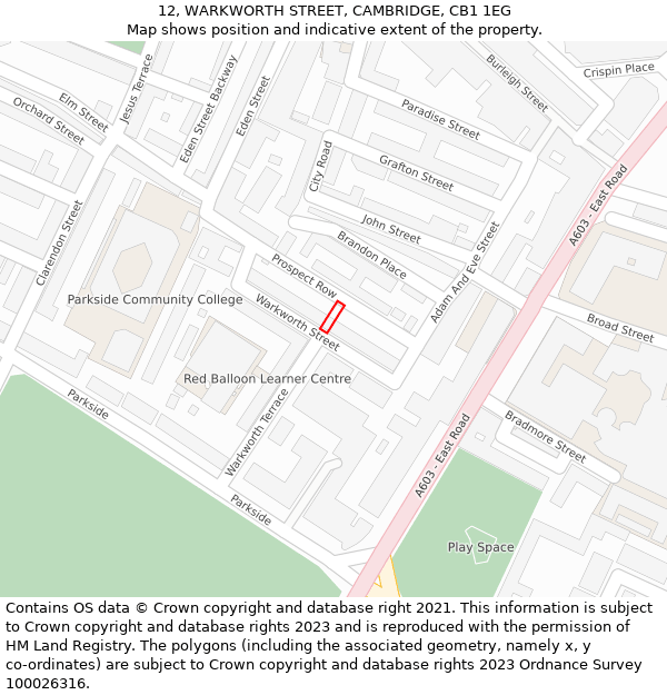 12, WARKWORTH STREET, CAMBRIDGE, CB1 1EG: Location map and indicative extent of plot