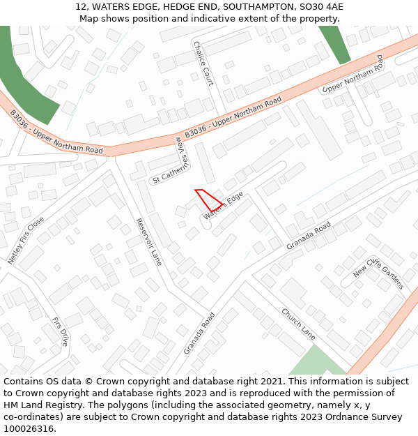 12, WATERS EDGE, HEDGE END, SOUTHAMPTON, SO30 4AE: Location map and indicative extent of plot