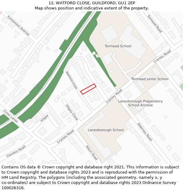 12, WATFORD CLOSE, GUILDFORD, GU1 2EP: Location map and indicative extent of plot