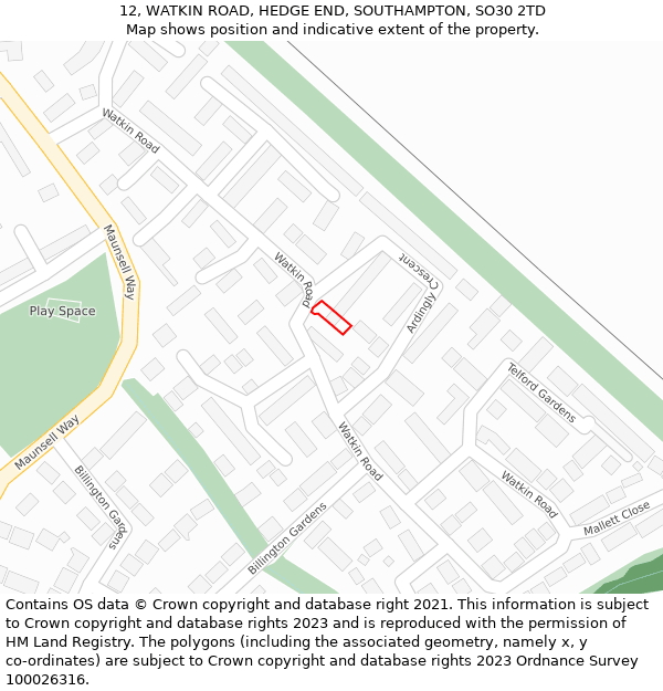 12, WATKIN ROAD, HEDGE END, SOUTHAMPTON, SO30 2TD: Location map and indicative extent of plot