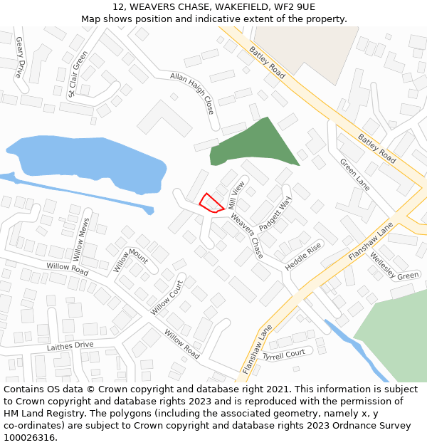 12, WEAVERS CHASE, WAKEFIELD, WF2 9UE: Location map and indicative extent of plot