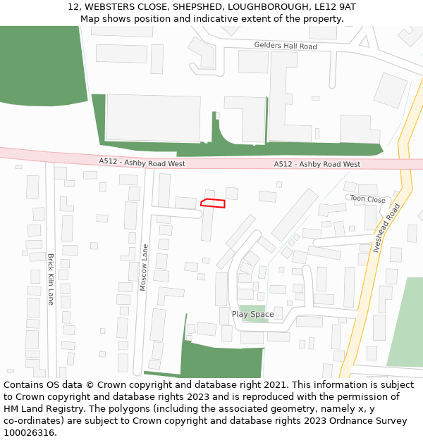 12, WEBSTERS CLOSE, SHEPSHED, LOUGHBOROUGH, LE12 9AT: Location map and indicative extent of plot