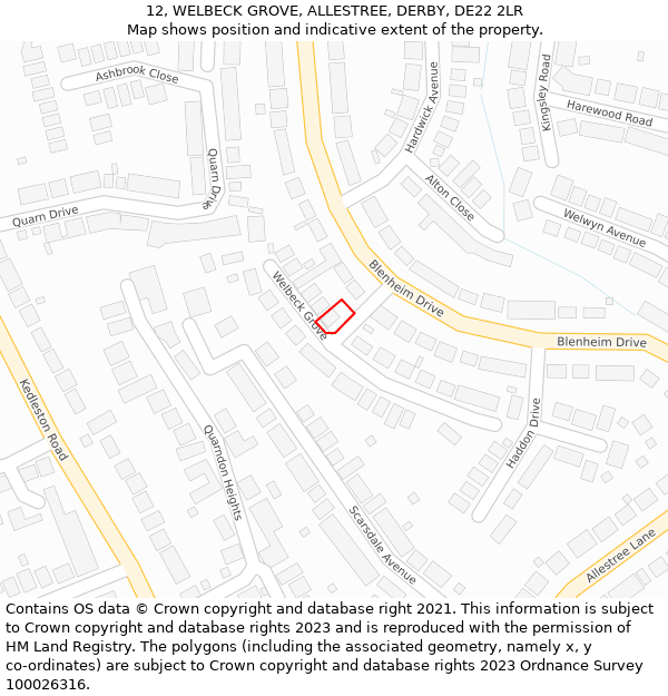 12, WELBECK GROVE, ALLESTREE, DERBY, DE22 2LR: Location map and indicative extent of plot
