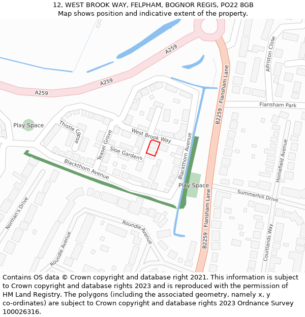 12, WEST BROOK WAY, FELPHAM, BOGNOR REGIS, PO22 8GB: Location map and indicative extent of plot