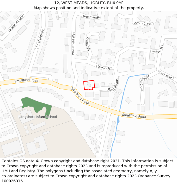 12, WEST MEADS, HORLEY, RH6 9AF: Location map and indicative extent of plot