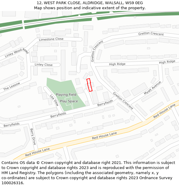 12, WEST PARK CLOSE, ALDRIDGE, WALSALL, WS9 0EG: Location map and indicative extent of plot