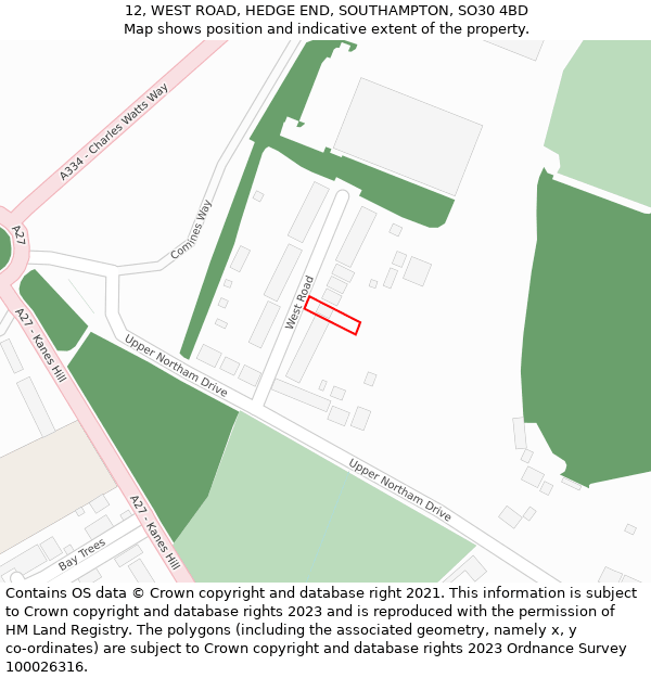 12, WEST ROAD, HEDGE END, SOUTHAMPTON, SO30 4BD: Location map and indicative extent of plot