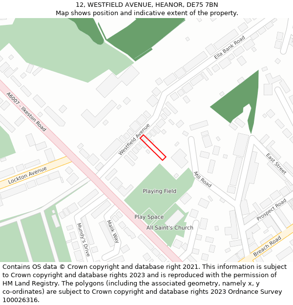 12, WESTFIELD AVENUE, HEANOR, DE75 7BN: Location map and indicative extent of plot