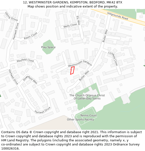 12, WESTMINSTER GARDENS, KEMPSTON, BEDFORD, MK42 8TX: Location map and indicative extent of plot