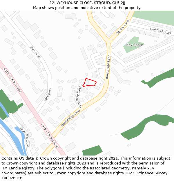 12, WEYHOUSE CLOSE, STROUD, GL5 2JJ: Location map and indicative extent of plot