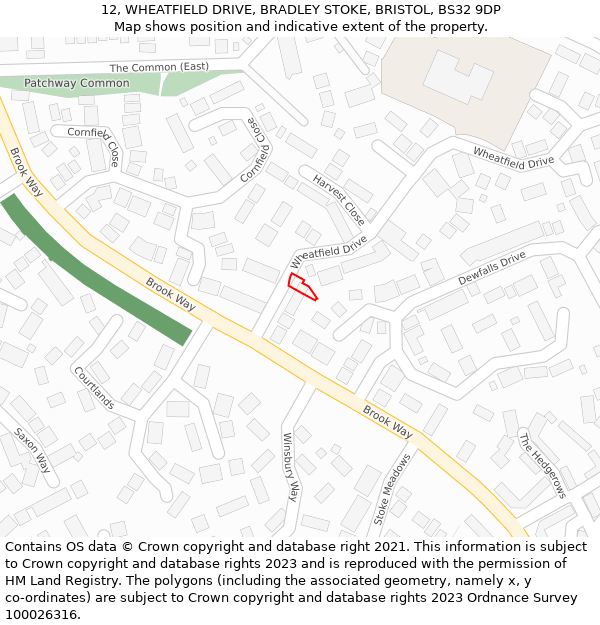 12, WHEATFIELD DRIVE, BRADLEY STOKE, BRISTOL, BS32 9DP: Location map and indicative extent of plot