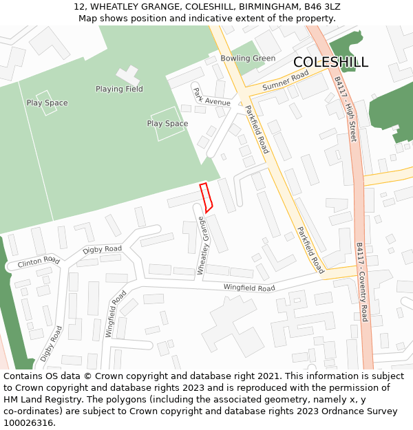 12, WHEATLEY GRANGE, COLESHILL, BIRMINGHAM, B46 3LZ: Location map and indicative extent of plot