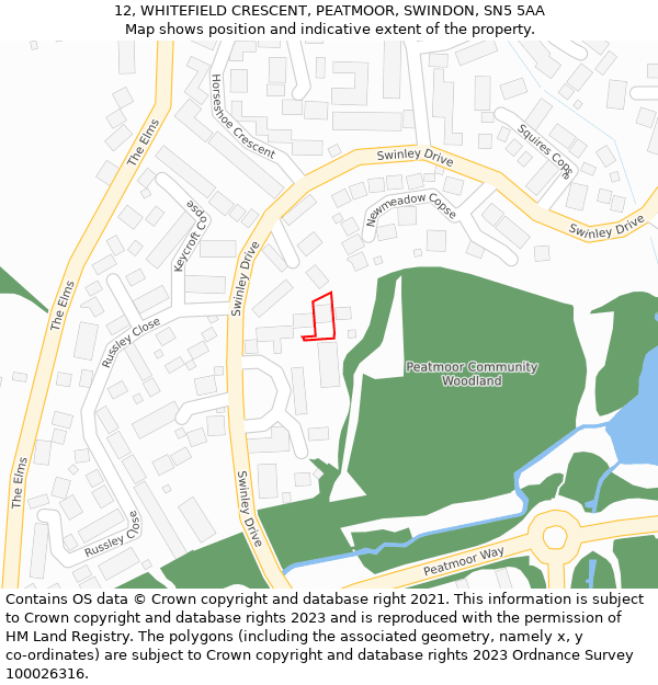 12, WHITEFIELD CRESCENT, PEATMOOR, SWINDON, SN5 5AA: Location map and indicative extent of plot