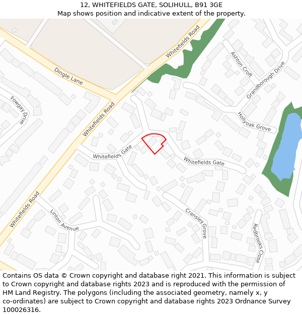 12, WHITEFIELDS GATE, SOLIHULL, B91 3GE: Location map and indicative extent of plot