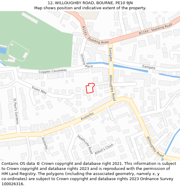 12, WILLOUGHBY ROAD, BOURNE, PE10 9JN: Location map and indicative extent of plot