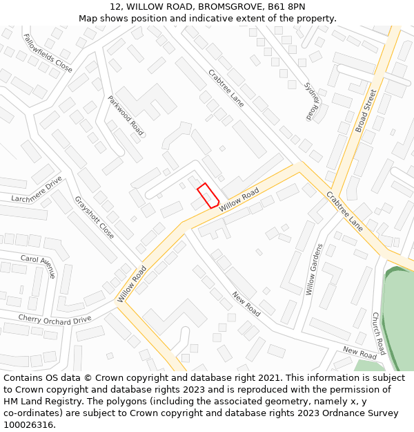 12, WILLOW ROAD, BROMSGROVE, B61 8PN: Location map and indicative extent of plot