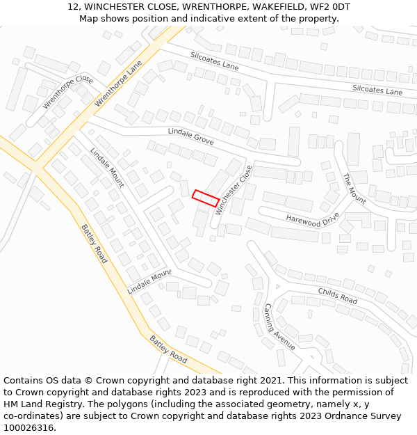 12, WINCHESTER CLOSE, WRENTHORPE, WAKEFIELD, WF2 0DT: Location map and indicative extent of plot