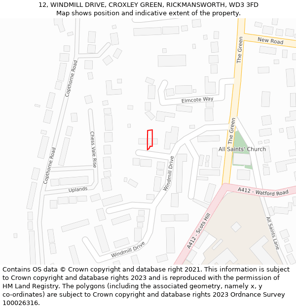12, WINDMILL DRIVE, CROXLEY GREEN, RICKMANSWORTH, WD3 3FD: Location map and indicative extent of plot