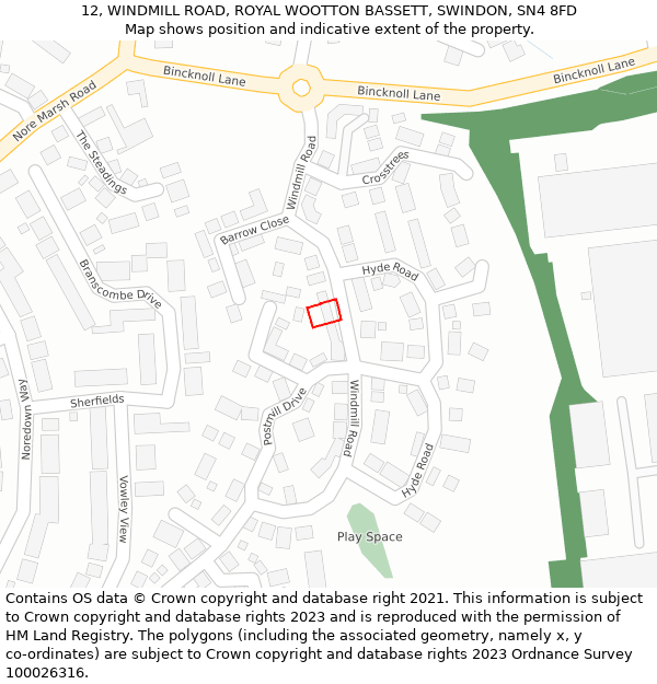 12, WINDMILL ROAD, ROYAL WOOTTON BASSETT, SWINDON, SN4 8FD: Location map and indicative extent of plot