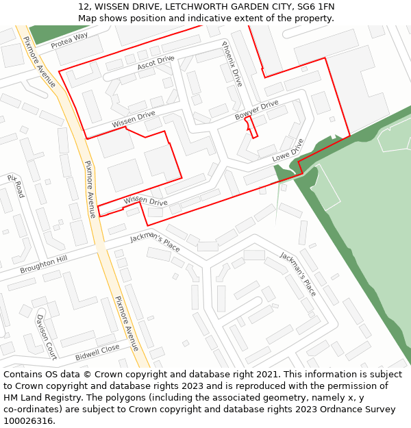 12, WISSEN DRIVE, LETCHWORTH GARDEN CITY, SG6 1FN: Location map and indicative extent of plot