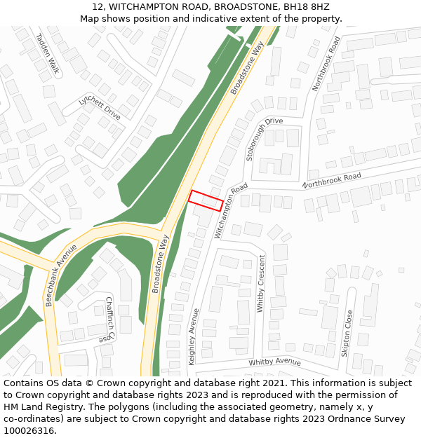 12, WITCHAMPTON ROAD, BROADSTONE, BH18 8HZ: Location map and indicative extent of plot