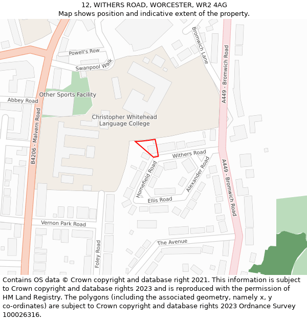 12, WITHERS ROAD, WORCESTER, WR2 4AG: Location map and indicative extent of plot