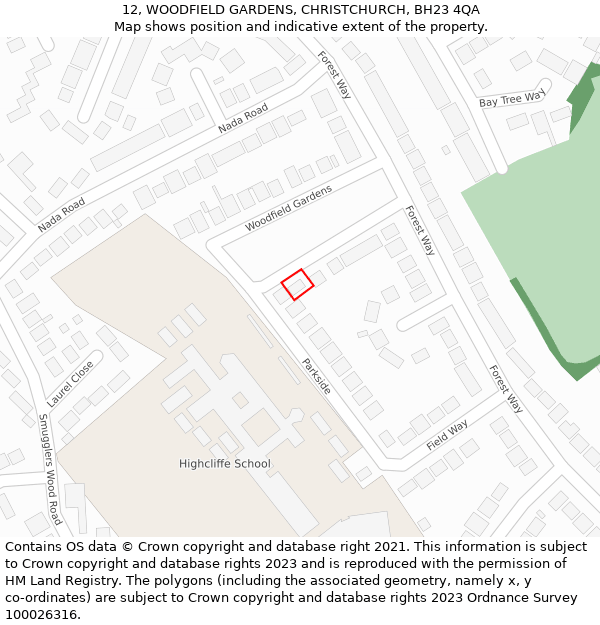 12, WOODFIELD GARDENS, CHRISTCHURCH, BH23 4QA: Location map and indicative extent of plot