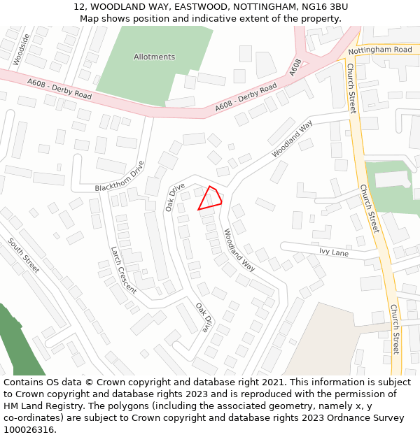 12, WOODLAND WAY, EASTWOOD, NOTTINGHAM, NG16 3BU: Location map and indicative extent of plot