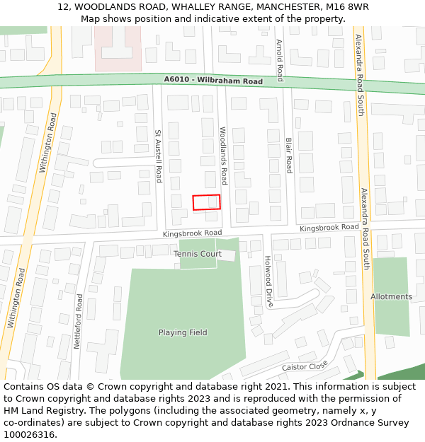 12, WOODLANDS ROAD, WHALLEY RANGE, MANCHESTER, M16 8WR: Location map and indicative extent of plot
